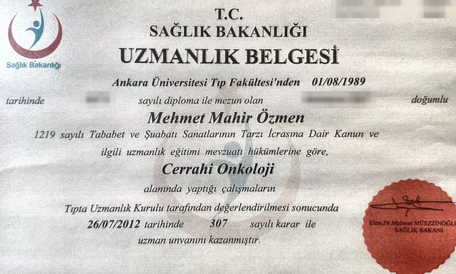 Cerrahi Onkoloji Uzmanlık Belgesi — T.C. Sağlık Bakanlığı, 26.07.2012