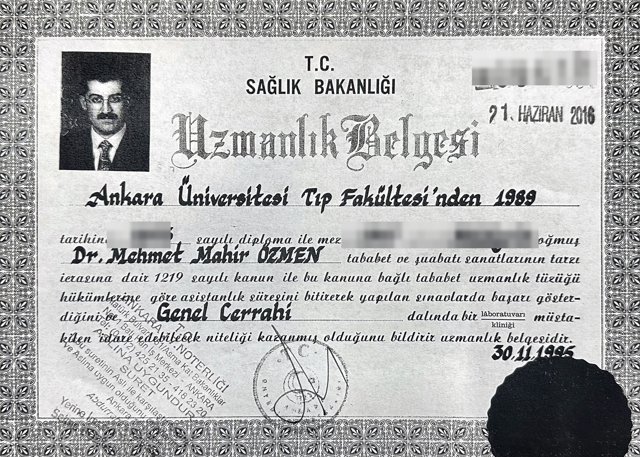 Genel Cerrahi Uzmanlık Belgesi — T.C. Sağlık Bakanlığı, 30.11.1995