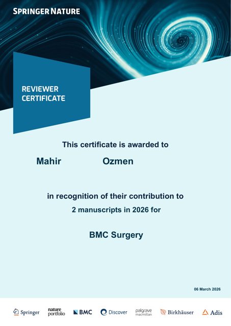 BMC Surgery hakemlik sertifikası — 2026 yılında 2 makale (6 Mart 2026)