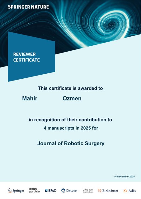 Journal of Robotic Surgery hakemlik sertifikası — 2025 yılında 4 makale (14 Aralık 2025)